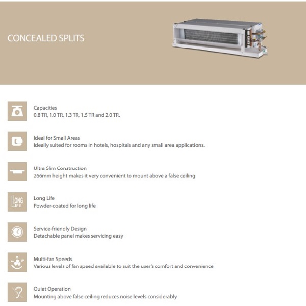 Blue Star VRF Concealed Splits Indoor Units Specifications